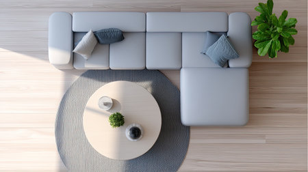 A contemporary living room featuring a light gray sectional sofa with decorative cushions, a round coffee table, and a green plant in a bright space.の素材