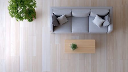 Aerial view of a modern living room featuring a stylish gray couch with cushions, a minimalist wooden coffee table, and a vibrant plant for a refreshing touch.の素材