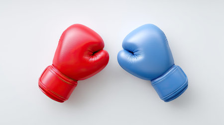 A vibrant pairing of red and blue boxing gloves rests on a clean white surface, symbolizing competition, training, and resilience in sports activities.の素材