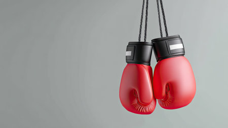 A pair of vibrant red boxing gloves suspended against a neutral gray background, ideal for representing sports, fitness training, and martial arts.の素材