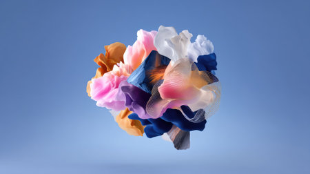 A stunning artistic representation featuring colorful fabric pieces floating gracefully against a serene blue background, highlighting movement and texture.の素材