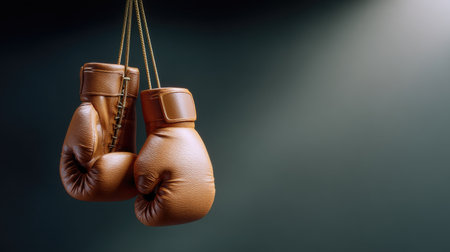 This image features vintage boxing gloves suspended by a string against a soft background, creating a dramatic aesthetic suitable for sports, fitness, and training themes.の素材