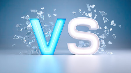 An eye-catching image featuring a blue letter "V" and a white letter "S" surrounded by shards of glass, creating a striking visual effect.の素材