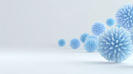 This image features an abstract depiction of blue microorganisms, showcasing their unique shapes and textures in a clean, minimalist environment. Perfect for scientific or educational purposes.の素材