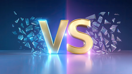 This striking image features a bold "VS" typography set against a backdrop of shattered glass, representing competition and contrast in a dynamic setting.の素材