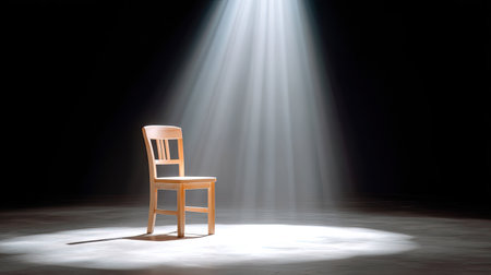 A wooden chair illuminated by a dramatic beam of light in a dark environment creates a powerful visual impact, evoking feelings of solitude and simplicity.の素材