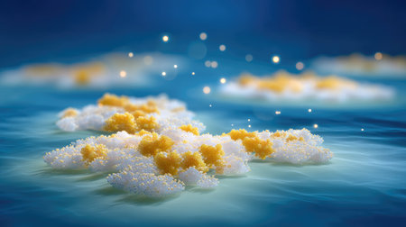 This artistic image captures a mesmerizing vision of colorful microorganisms floating gracefully in a serene aquatic setting. The dreamy blue background enhances the ethereal sparkling effects that add an element of wonder and beauty to the organic patterns in the scene.の素材
