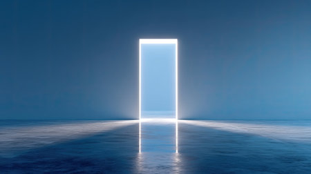 A minimalist composition featuring a striking open door illuminated by bright light, casting soft shadows on a smooth floor, symbolizing opportunity.の素材