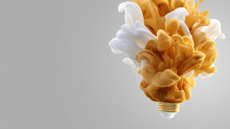 This striking abstract image showcases a light bulb surrounded by swirling orange and white smoke, creating a visually captivating concept of creativity and innovation.の素材