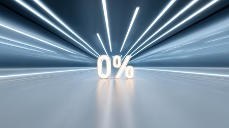 This striking image features a large zero percent symbol surrounded by neon lights and motion blur, creating a vibrant and dynamic digital space.の素材