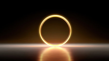A minimalistic image featuring a glowing circular light against a dark background, creating a striking reflection on the surface, embodies modern elegance.の素材