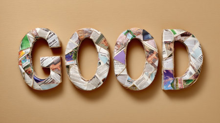 This artistic creation showcases the word 'Good' crafted from various newspaper clippings, set against a warm brown background, emphasizing creativity and positivity.の素材
