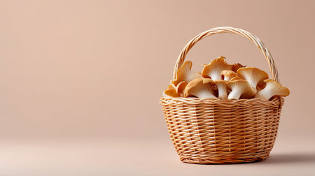 A beautifully woven basket filled with freshly harvested gourmet mushrooms sits elegantly against a soft, neutral background, showcasing the natural charm of the harvest.の素材
