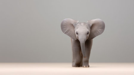 This image showcases a cute baby elephant standing confidently with big ears and a playful expression, set against a minimalistic background, perfect for nature themes.の素材