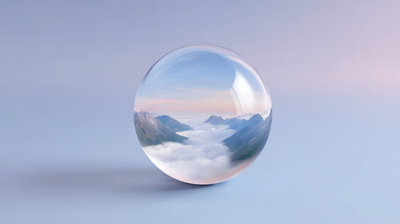 A stunning crystal sphere reflects a breathtaking mountain landscape enveloped in soft clouds and pastel skies, creating an enchanting visual experience.の素材
