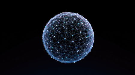 This captivating digital sphere illustrates a complex network of interconnected nodes and lines, symbolizing technology and data communication in a futuristic context.の素材