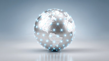 A stunning 3D representation of a silver globe featuring intricate network connections and bright light effects, suitable for various technology themes.の素材