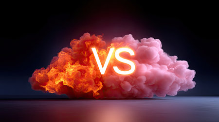 This dynamic image captures the intense contrast of flames and smoke, symbolizing conflict. The dramatic colors enhance the visual narrative of rivalry and tension.の素材