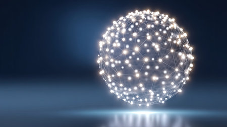 This abstract image features a glowing sphere composed of interconnected dots and lines, set against a gradient blue background, conveying a sense of modernity and technology.の素材