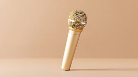 A stylish golden microphone stands against a soft beige background, ideal for representing music, performances, and audio technology in modern and artistic contexts.の素材