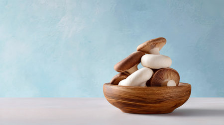A visually appealing arrangement of freshly picked mushrooms in a wooden bowl, captured against a soft light blue backdrop, emphasizing healthy eating and natural aesthetics.の素材
