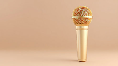 This premium golden microphone stands on a soft beige background, perfect for music events, podcasts, or professional audio recordings, emphasizing elegance.の素材