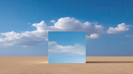 A striking reflective cube captures the serene beauty of a desert landscape, mirroring the colorful clouds and blue sky, evoking calmness and tranquility.の素材