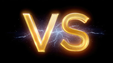 A striking visual featuring bold gold letters "VS" set against a dynamic background with lightning and sparkles, ideal for competitive themes in marketing or promotions.の素材