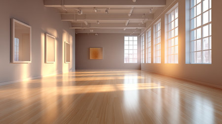 This image showcases a bright and spacious art gallery interior flooded with natural light, featuring empty frames on the walls, perfect for artistic displays.の素材