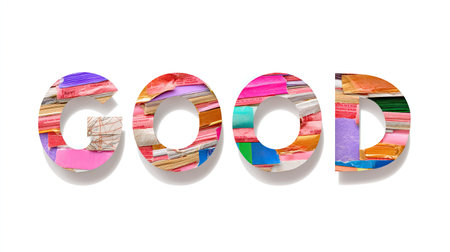 This artistic image showcases the word "Good" crafted from a collage of vibrant and textured paper pieces, evoking positivity and creativity.の素材