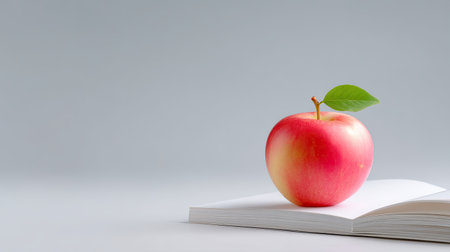 A vibrant red apple with a leaf sits atop an open book, representing the connection between healthy eating and knowledge in a minimalist setting.の素材