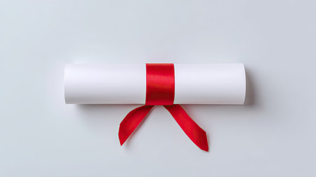 A beautifully rolled white scroll adorned with a vibrant red ribbon, perfect for celebrating academic achievements or special milestones in education.の素材