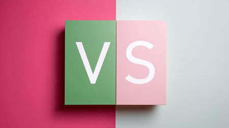 This image showcases a split design featuring green and pink blocks with bold text "VS" and "S," emphasizing contrast and choice in visual communication.の素材