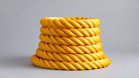 This image features a neatly coiled bright yellow rope stacked on a smooth gray background, ideal for various outdoor and crafting applications.の素材