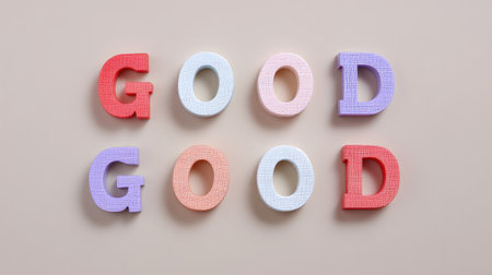 A vibrant arrangement of colorful letters spelling 'GOOD' on a gentle pink background. Ideal for themes of positivity, creativity, and education.の素材