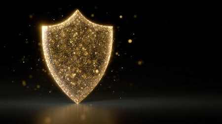 A captivating golden shield radiates textures and glimmers against a dark backdrop, representing themes of protection and security. Ideal for various design projects.の素材