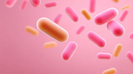 Abstract representation of colorful bacteria floating against a soft pink background, symbolizing concepts in microbiology and health-related studies in science.の素材