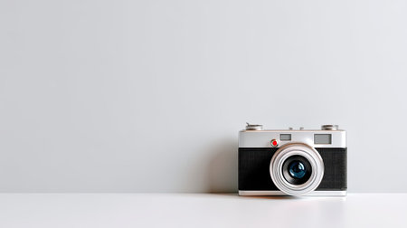 A vintage camera rests elegantly on a minimalist surface, surrounded by a neutral background that enhances its retro charm. Perfect for photography enthusiasts.の素材