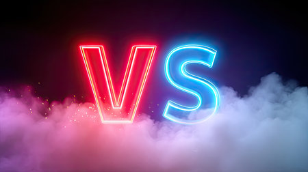 Vibrant neon letters "VS" create a striking visual amid colorful smoke and sparks, perfect for concepts of competition, technology, or entertainment.の素材