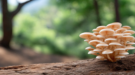 A stunning display of light-colored mushrooms emerges from a rustic tree log, creating a captivating scene in a peaceful forest setting.の素材