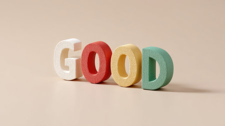 This image features colorful foam letters spelling the word "GOOD" on a soft neutral background, perfect for conveying positive messages or themes in educational and creative projects.の素材