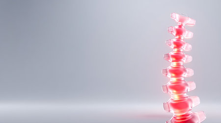 This abstract image features a vertical representation of the human spine illuminated with a neon glow against a gray background, symbolizing health and wellness.の素材