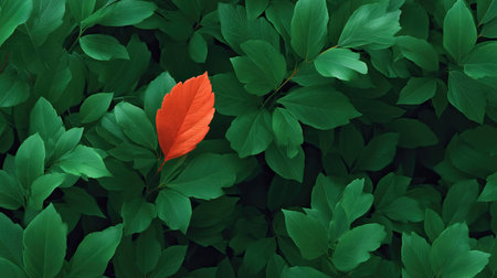 A striking red leaf stands out amid a sea of lush green foliage, symbolizing change and resilience within nature's vibrant landscape.の素材