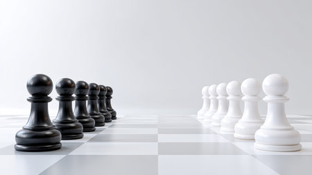 A captivating arrangement of black and white chess pieces set against a minimalist checkerboard background, symbolizing strategic competition and critical thinking.の素材