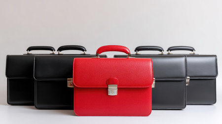 A vibrant red briefcase stands out in front of classic black briefcases, embodying modern professionalism and style for everyday office settings.の素材