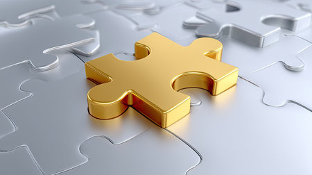 A striking golden puzzle piece rests on a silver background, symbolizing the idea of completing challenges and finding solutions in life and business.の素材