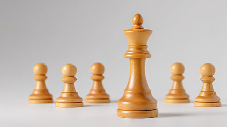 This image showcases a wooden chess king standing tall among pawns, symbolizing leadership and strategy. It highlights the essence of competitive play in chess.の素材