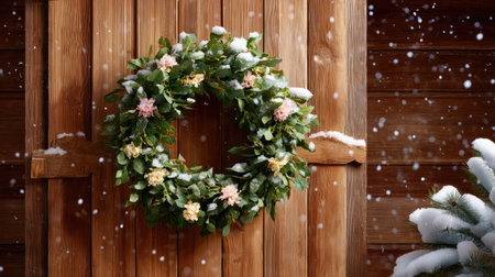 A beautiful wreath adorned with delicate flowers hangs gracefully on a rustic wooden door, creating a warm ambiance amid gentle snowflakes in a tranquil winter scene.の素材
