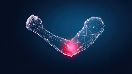 This abstract digital illustration features a human arm, symbolizing strength and power, depicted through glowing connections and nodes, evoking technology.の素材