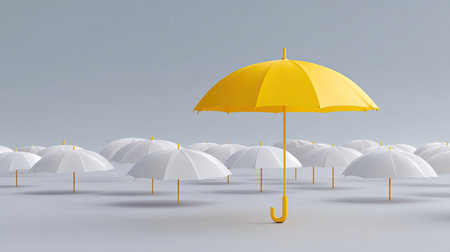 A vibrant yellow umbrella rises above a sea of white umbrellas in a minimalist setting, symbolizing individuality and creativity in design.の素材
